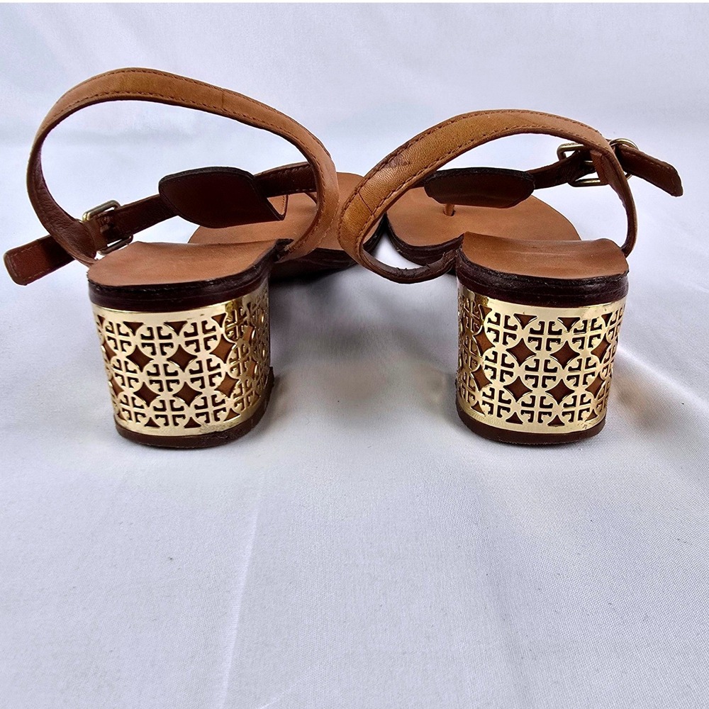 Tory Burch Audra T-Strap Block Heel Thong Sandals Women 8M Tan Leather Gold - Picture 5 of 7